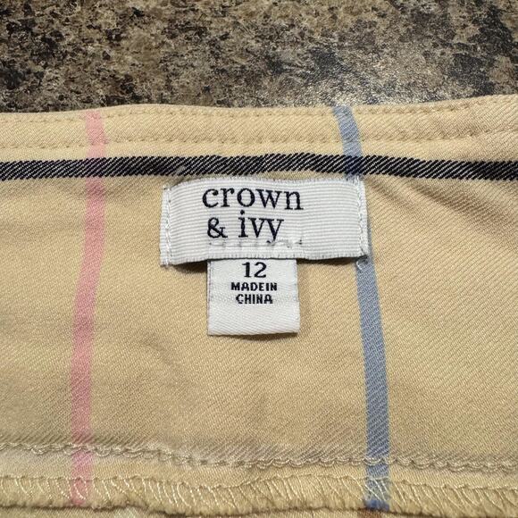 Crown & Ivy Pants Pull On Preppy Heritage Cottage Academia Rustic Plaid Tan 12 - Picture 2 of 4